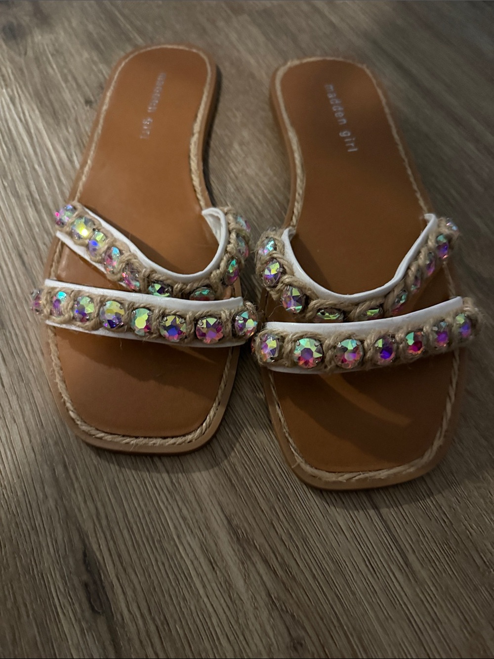 Madden Girl White Slide Sandals with Iridescent Gem Embellishments